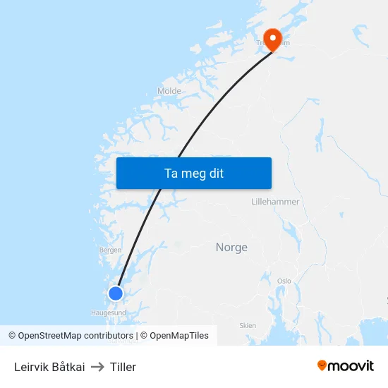 Leirvik Båtkai to Tiller map