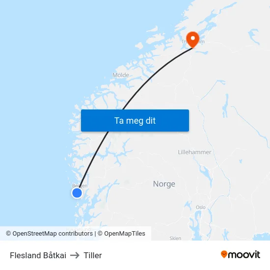 Flesland Båtkai to Tiller map