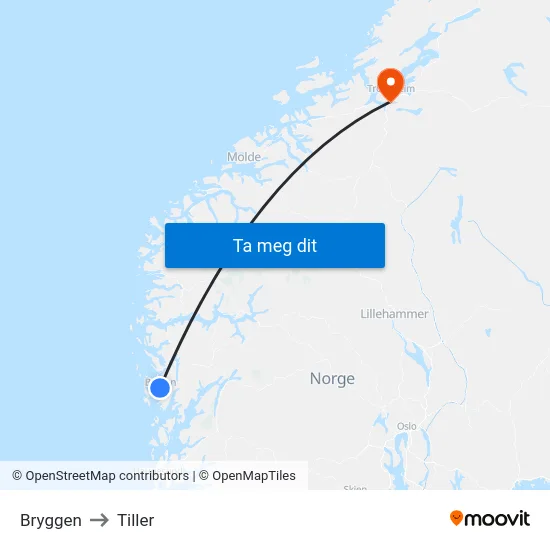 Bryggen to Tiller map