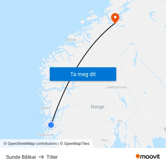 Sunde Båtkai to Tiller map