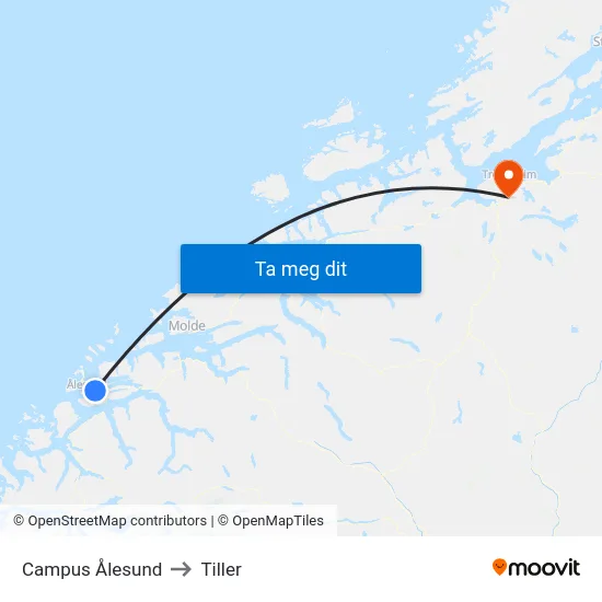 Campus Ålesund to Tiller map