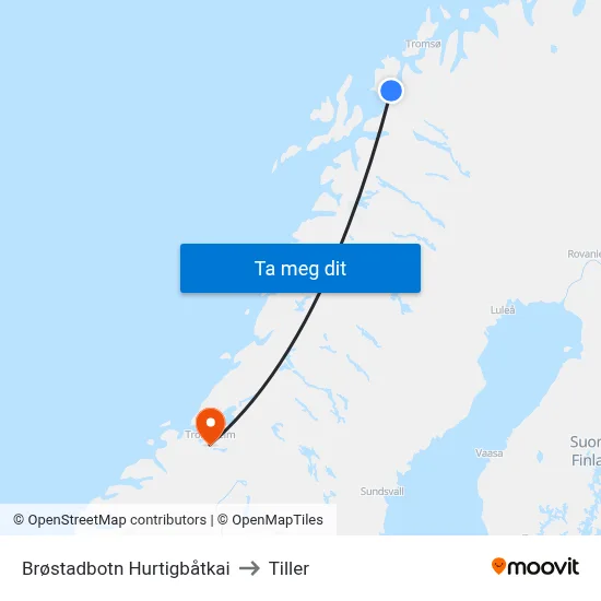 Brøstadbotn Hurtigbåtkai to Tiller map