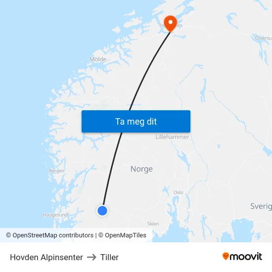 Hovden Alpinsenter to Tiller map