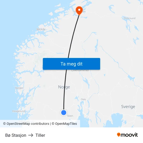 Bø Stasjon to Tiller map