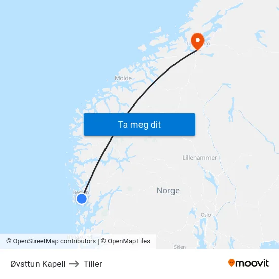 Øvsttun Kapell to Tiller map