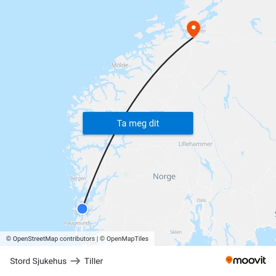 Stord Sjukehus to Tiller map