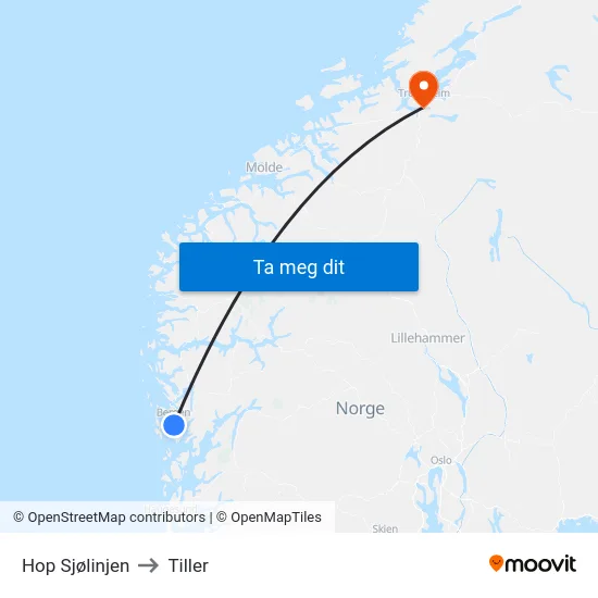Hop Sjølinjen to Tiller map