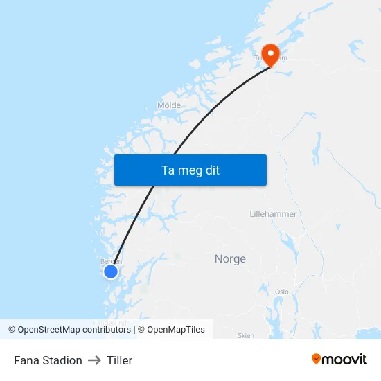 Fana Stadion to Tiller map