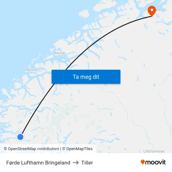 Førde Lufthamn Bringeland to Tiller map