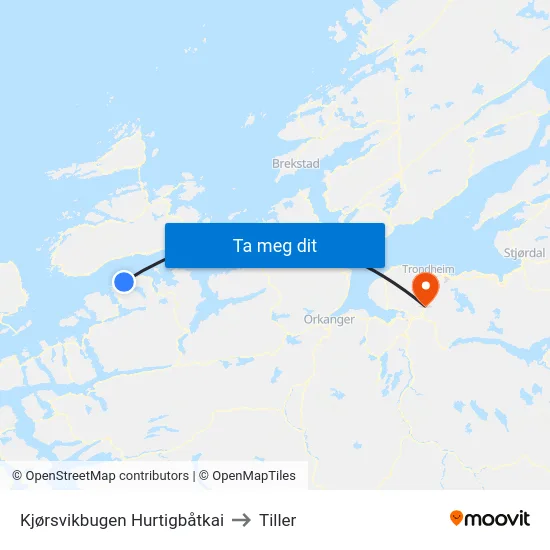 Kjørsvikbugen Hurtigbåtkai to Tiller map