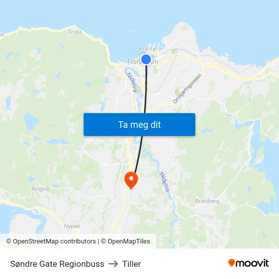 Søndre Gate Regionbuss to Tiller map