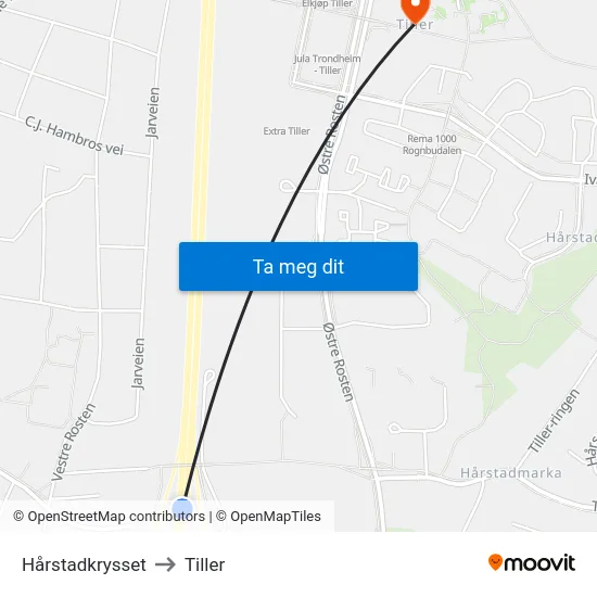 Hårstadkrysset to Tiller map
