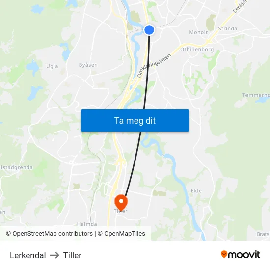 Lerkendal to Tiller map