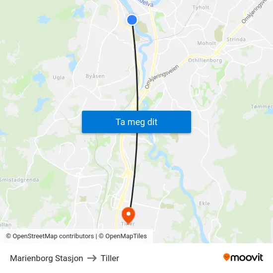Marienborg Stasjon to Tiller map