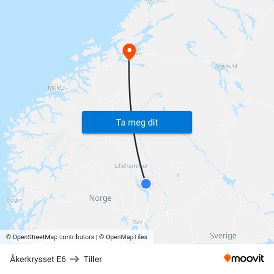 Åkerkrysset E6 to Tiller map