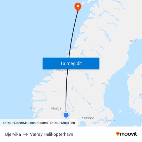 Bjørvika to Værøy Helikopterhavn map