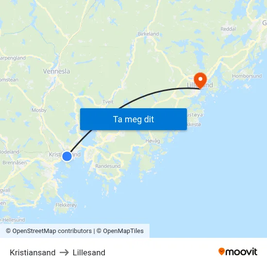 Kristiansand to Lillesand map
