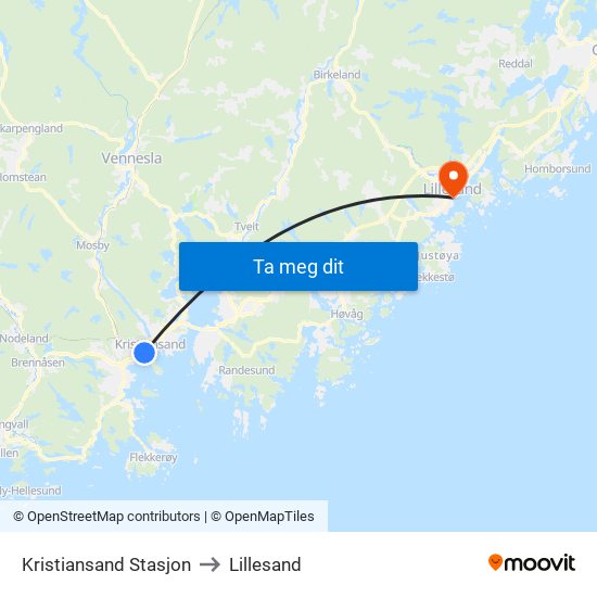 Kristiansand Stasjon to Lillesand map