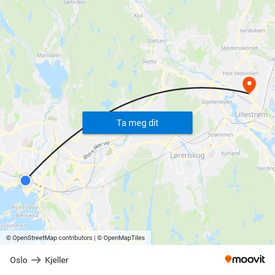 Oslo to Kjeller map