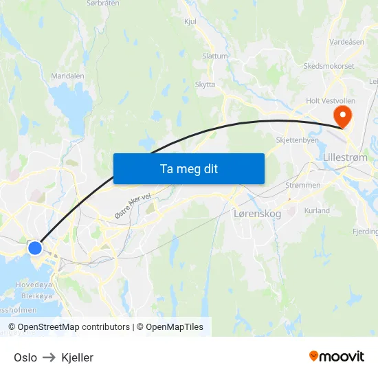 Oslo to Kjeller map