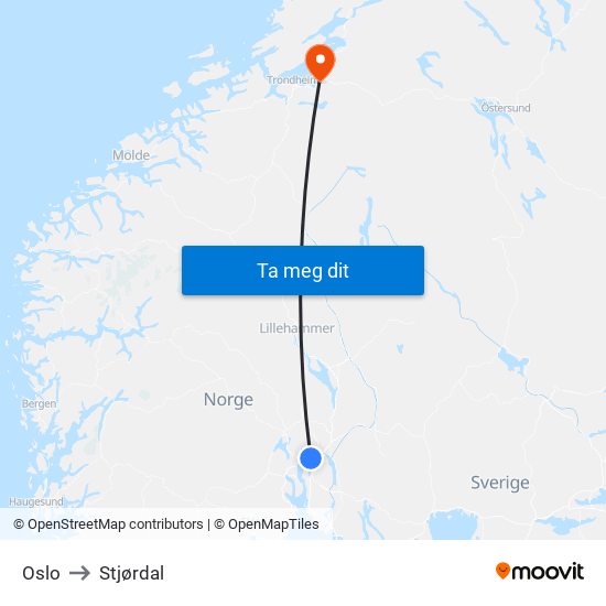 Oslo to Stjørdal map