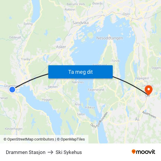 Drammen Stasjon to Ski Sykehus map