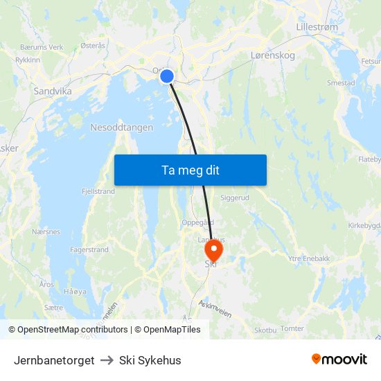 Jernbanetorget to Ski Sykehus map