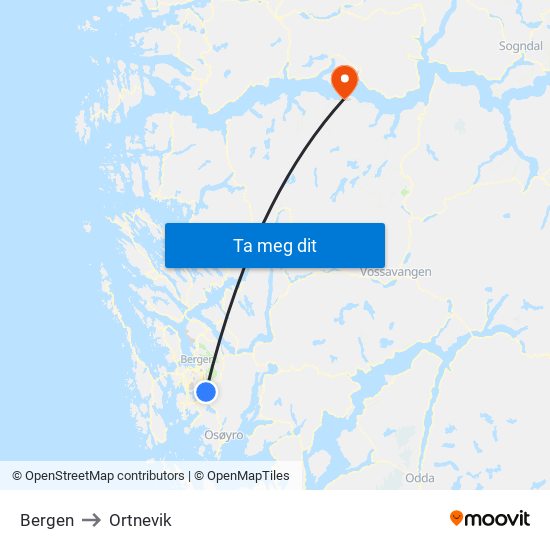 Bergen to Ortnevik map