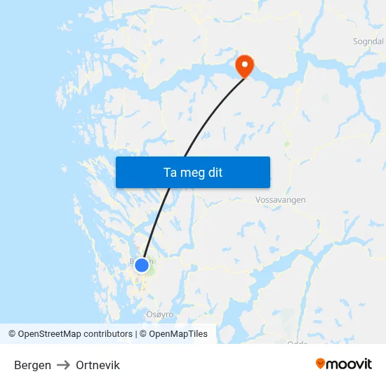 Bergen to Ortnevik map