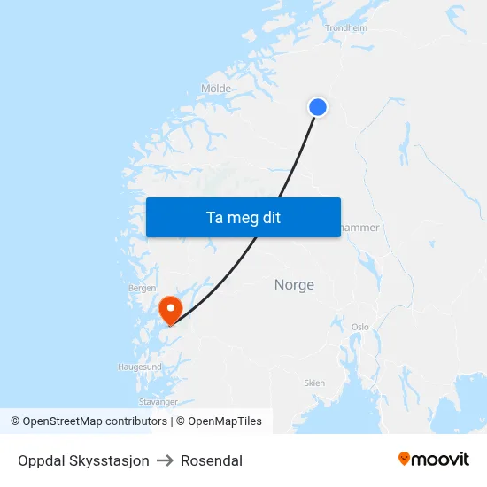 Oppdal Skysstasjon to Rosendal map