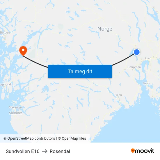Sundvollen E16 to Rosendal map