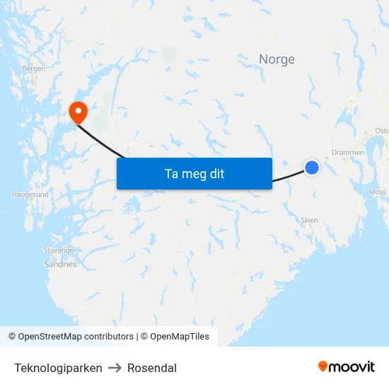 Teknologiparken to Rosendal map