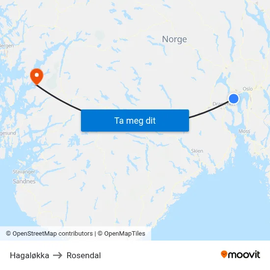 Hagaløkka to Rosendal map