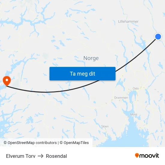 Elverum Torv to Rosendal map
