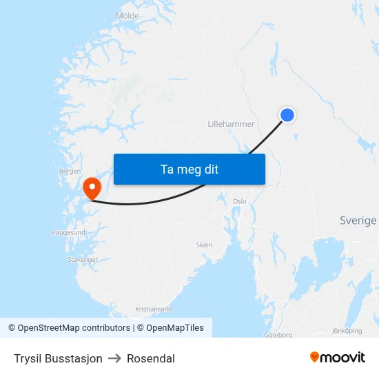Trysil Busstasjon to Rosendal map