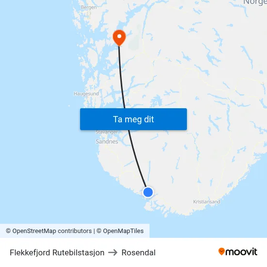 Flekkefjord Rutebilstasjon to Rosendal map