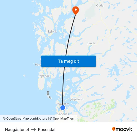 Haugåstunet to Rosendal map