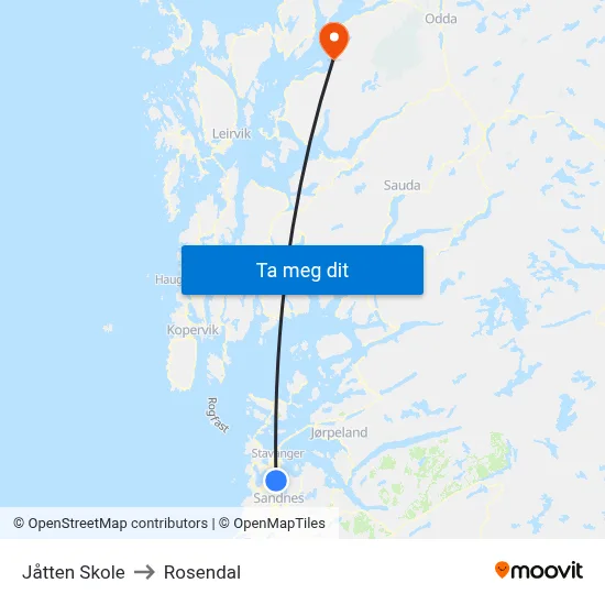 Jåtten Skole to Rosendal map