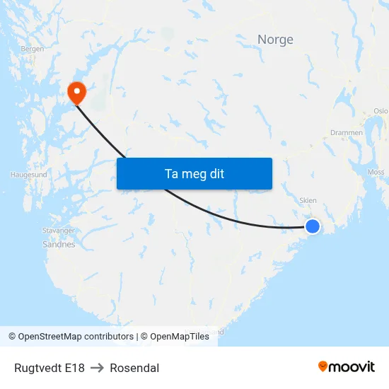 Rugtvedt E18 to Rosendal map