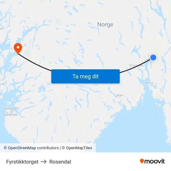Fyrstikktorget to Rosendal map