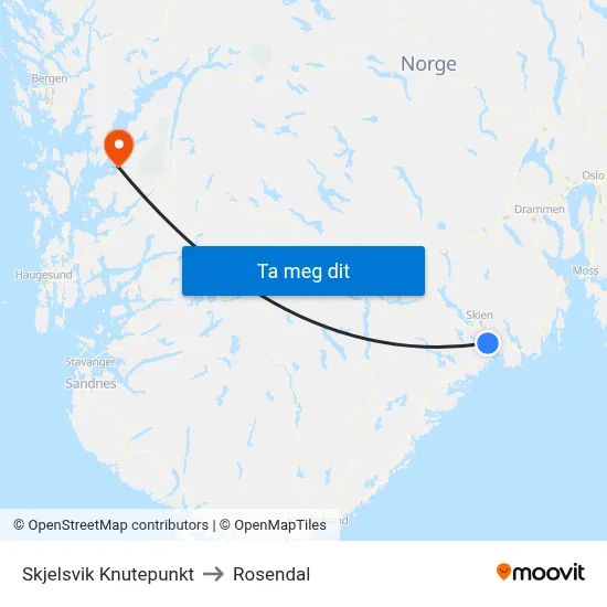 Skjelsvik Knutepunkt to Rosendal map