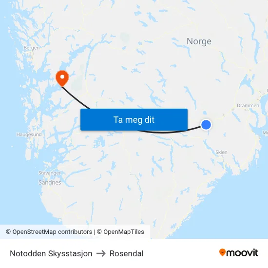 Notodden Skysstasjon to Rosendal map