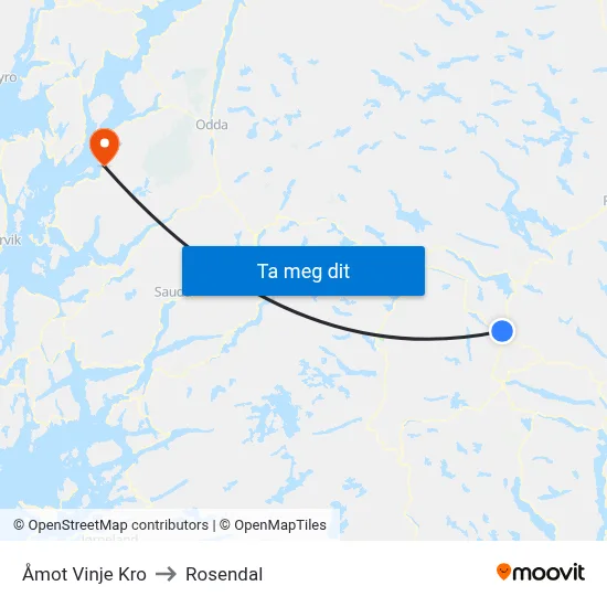 Åmot Vinje Kro to Rosendal map