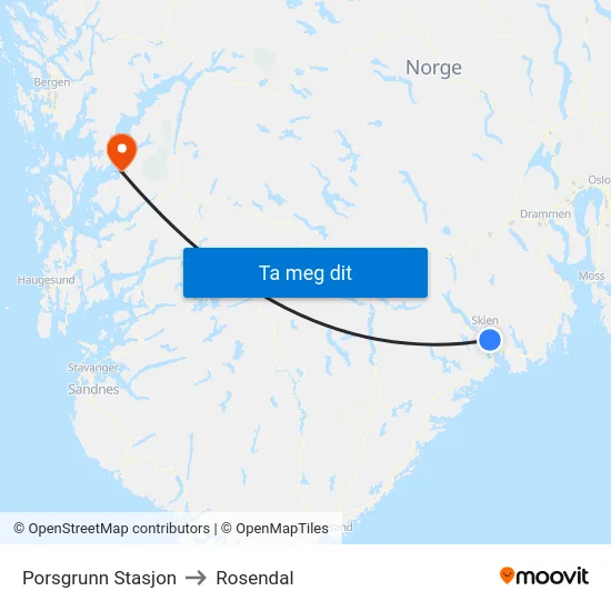 Porsgrunn Stasjon to Rosendal map