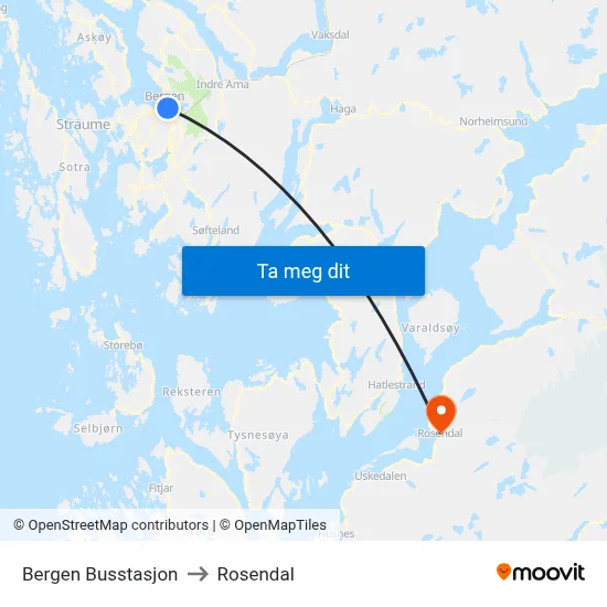 Bergen Busstasjon to Rosendal map