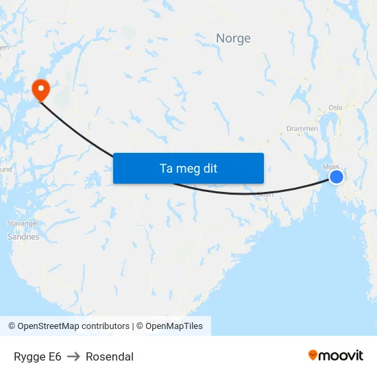 Rygge E6 to Rosendal map