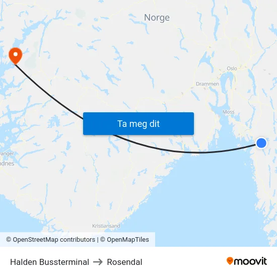Halden Bussterminal to Rosendal map