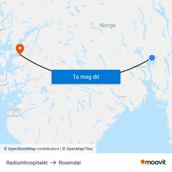 Radiumhospitalet to Rosendal map