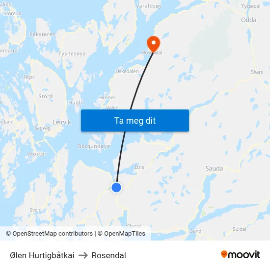 Ølen Hurtigbåtkai to Rosendal map