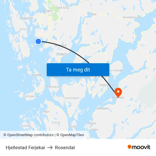 Hjellestad Ferjekai to Rosendal map